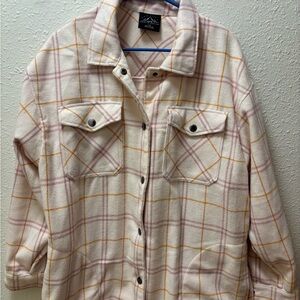 Plaid Button-Front Shacket Jacket - Cream with Pink & Mustard Checks